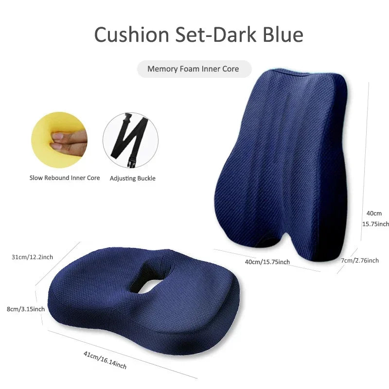 Memory Foam Seat Cushion™ Waist Back Support Pillow Set Orthopedic Ergonomic Coccyx Relief Hip Lumbar Pad